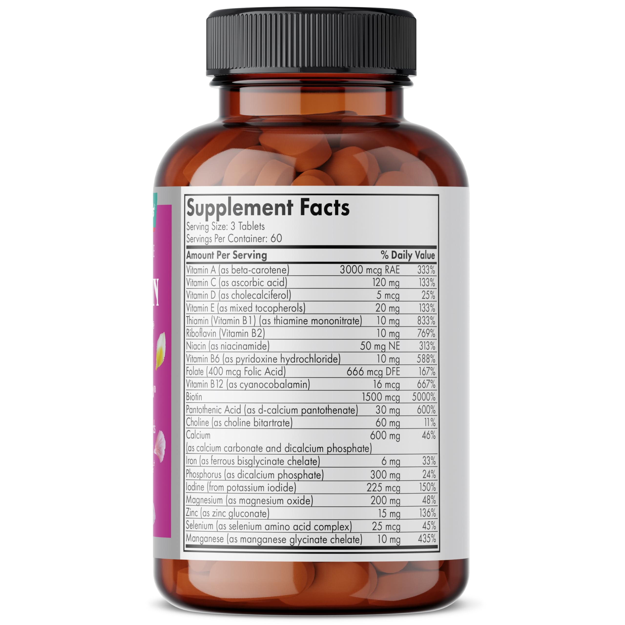 Close-up of bottle label showing Hair, Skin & Nails and 180 tablets