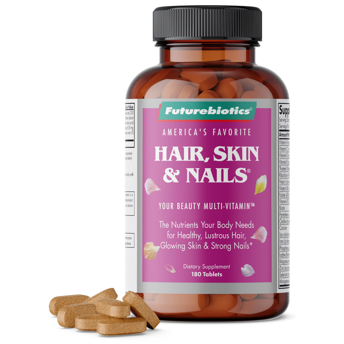 Front view of Futurebiotics Hair, Skin & Nails beauty multivitamin bottle