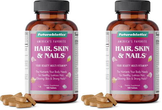 Front view of Futurebiotics Hair, Skin & Nails beauty multivitamin 2-pack bottle