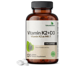 Bottle of Futurebiotics Vitamin K2 with D3 120 tablets showing K2 MK-7 90 mcg per tablet
