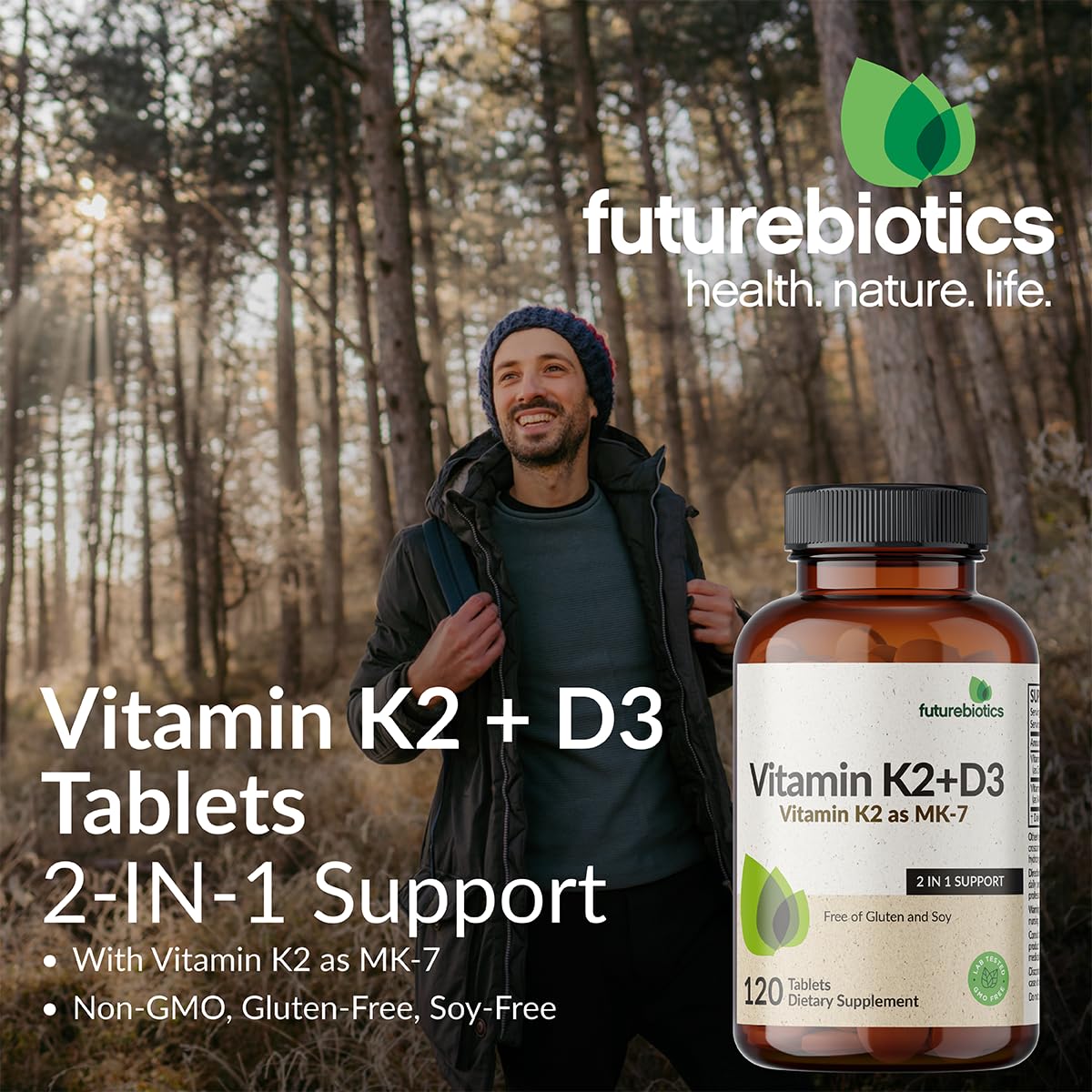 Front label of Futurebiotics K2+D3 120-tablet bottle
