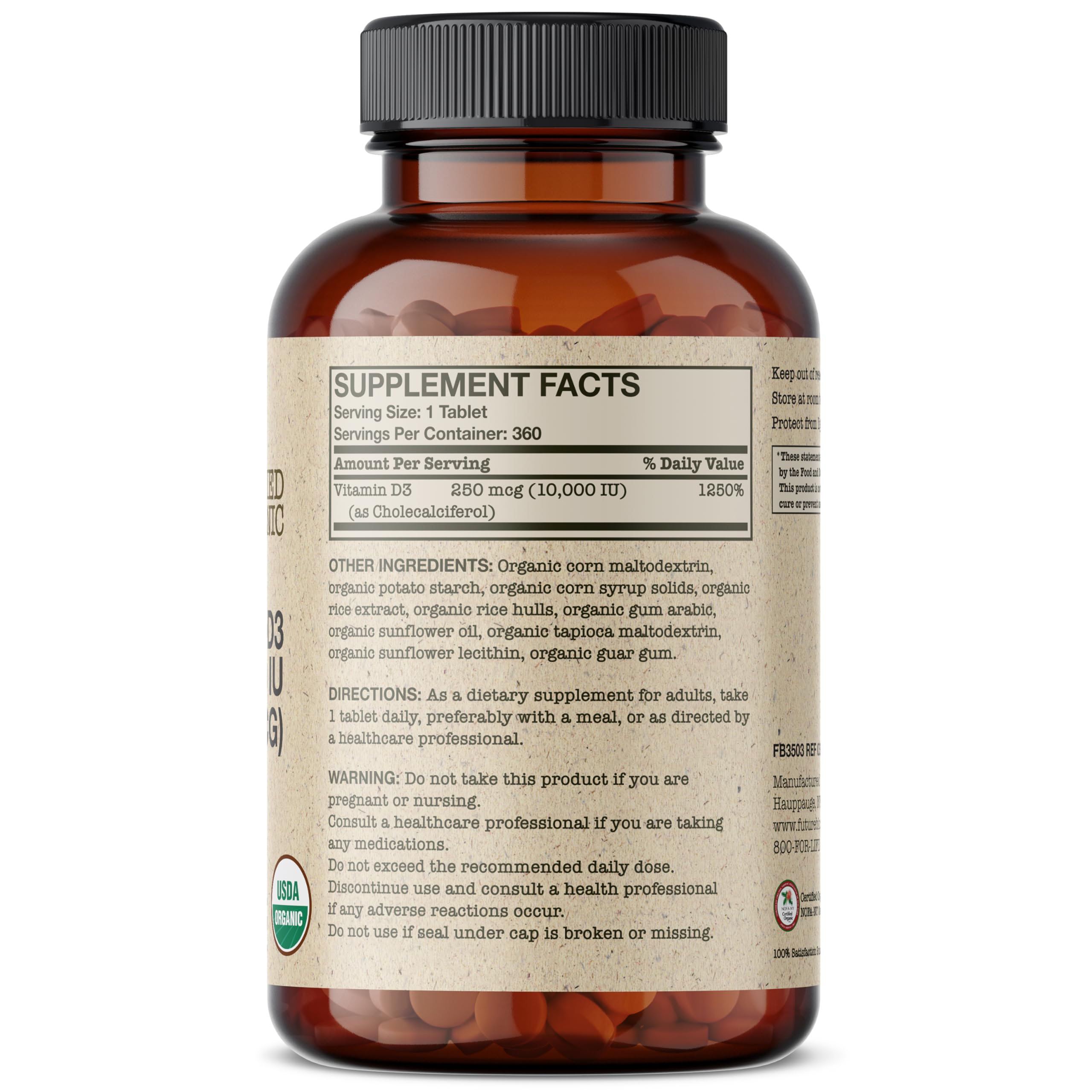 Vitamin D3 10,000 IU Organic label showing 10,000 IU per tablet