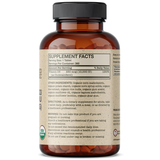 Vitamin D3 10,000 IU Organic label showing 10,000 IU per tablet