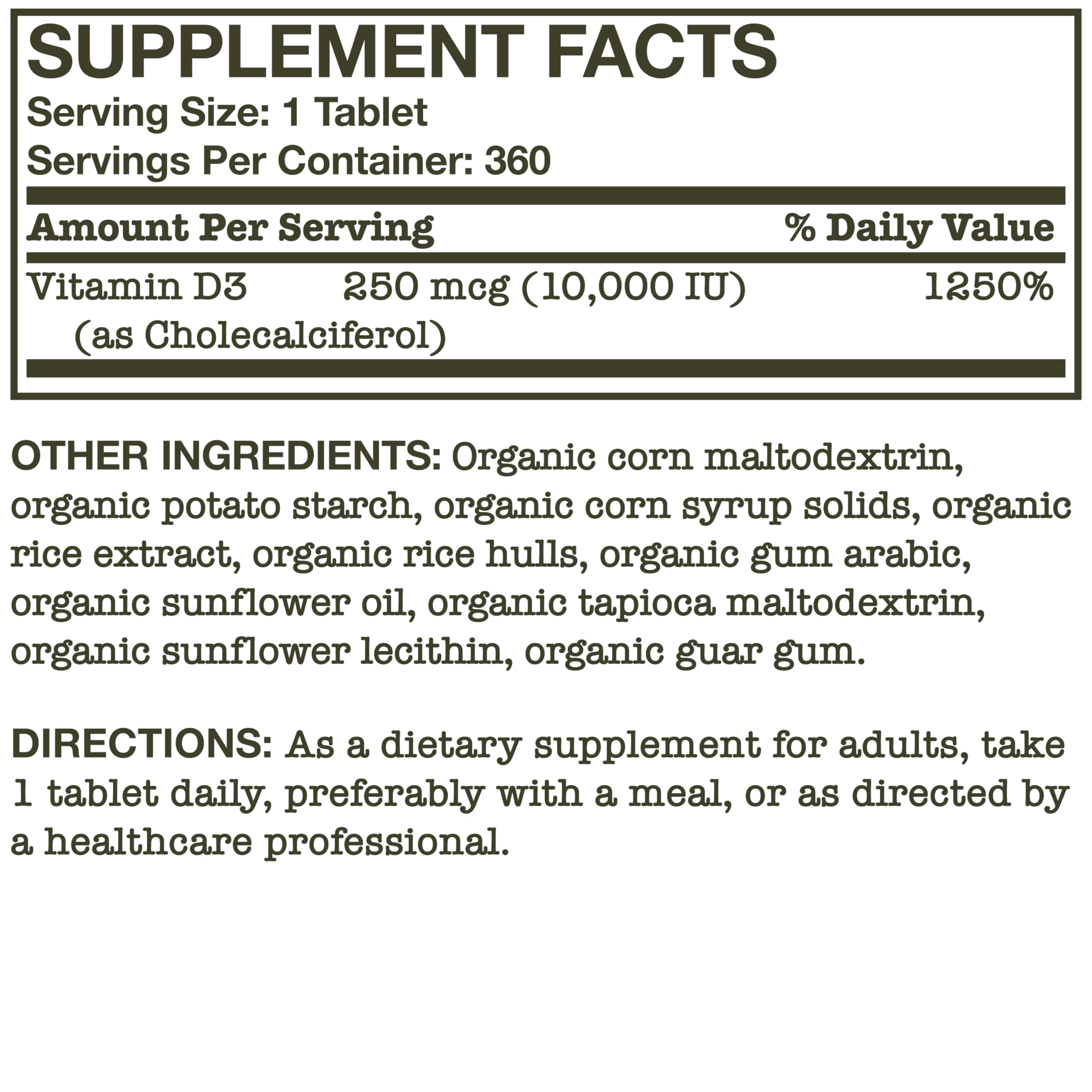 Bottle of 360 organic Vitamin D3 tablets on packaging