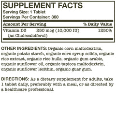 Bottle of 360 organic Vitamin D3 tablets on packaging