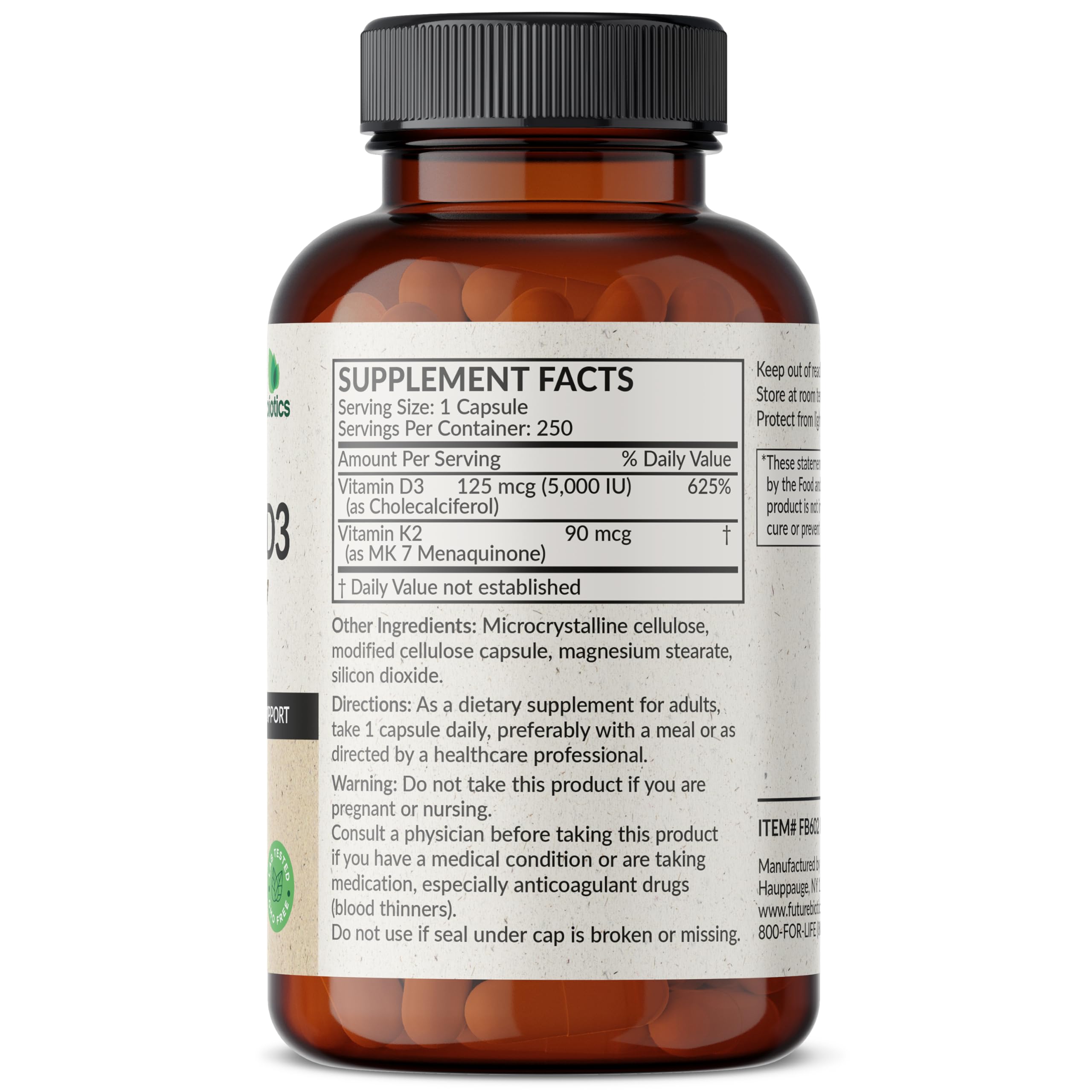Close-up of supplement capsules showing K2 MK-7 and D3 ingredients
