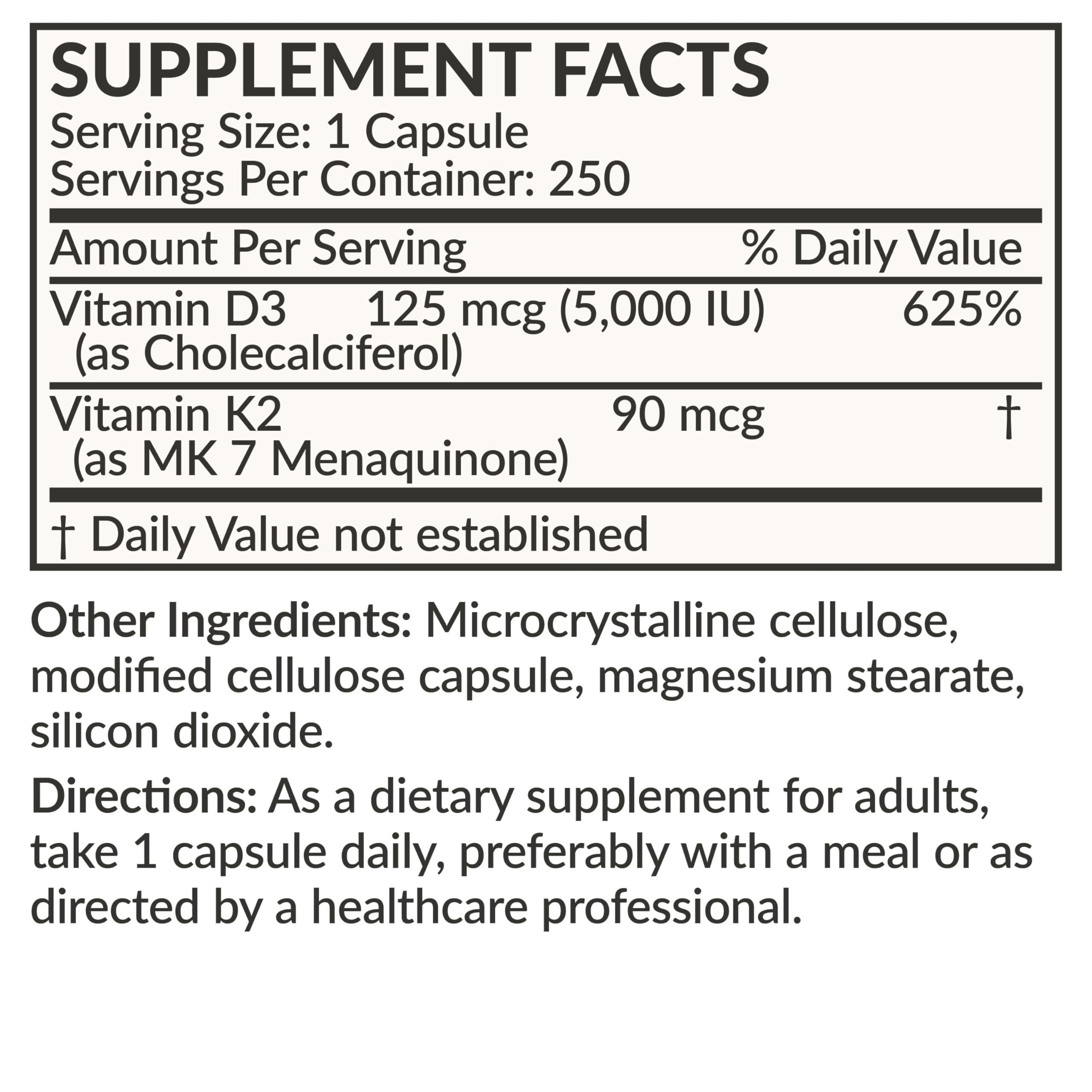Bold packaging emphasizing 5000 IU D3 and 90 mcg K2 MK-7