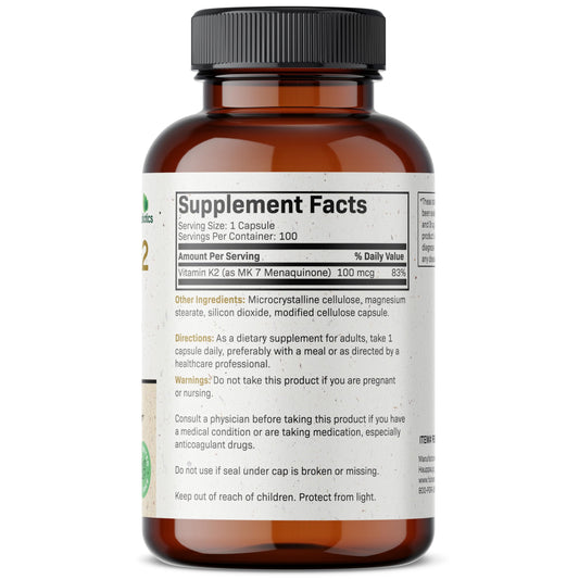 Bottle label close-up showing 100 mcg MK-7 per serving