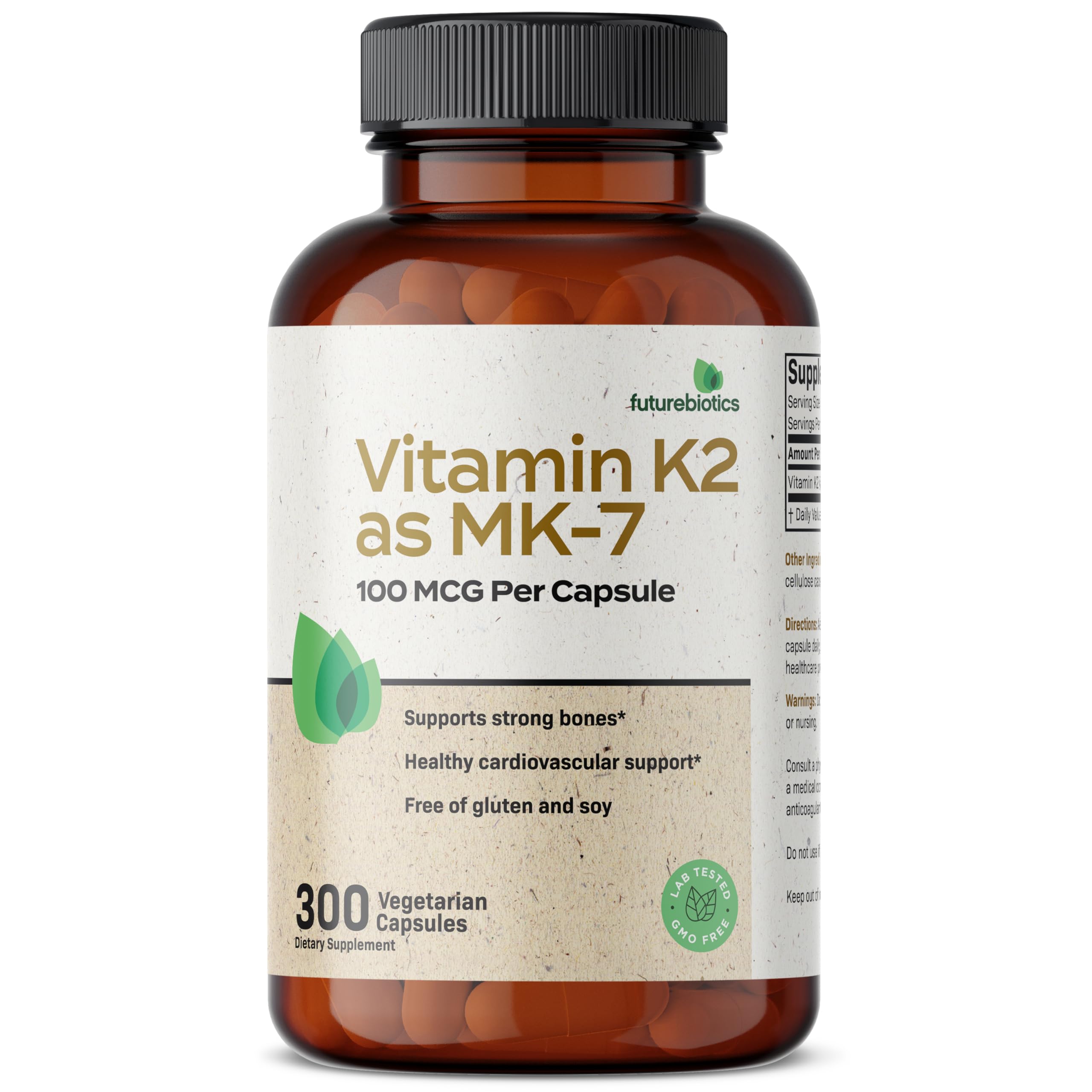 Supplement facts label displaying Vitamin K2 MK-7 100 mcg