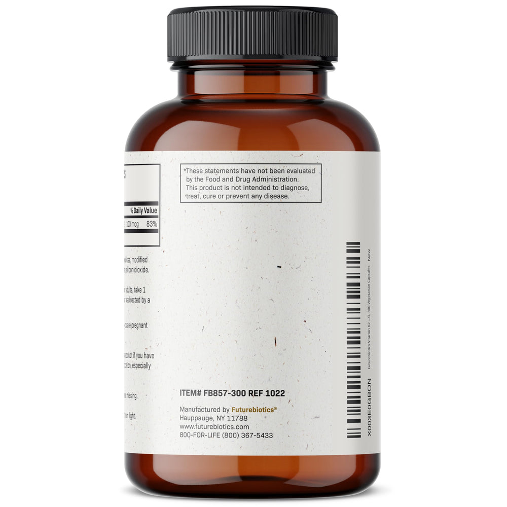 Non-GMO, gluten-free and soy-free packaging for Futurebiotics Vitamin K2 MK-7
