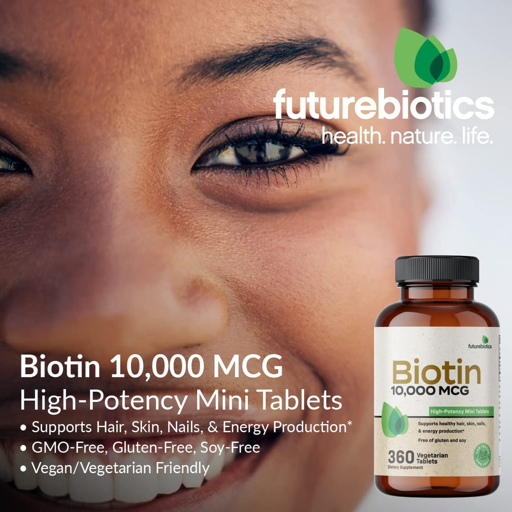 Close-up of Futurebiotics Biotin 10,000 mcg mini tablets