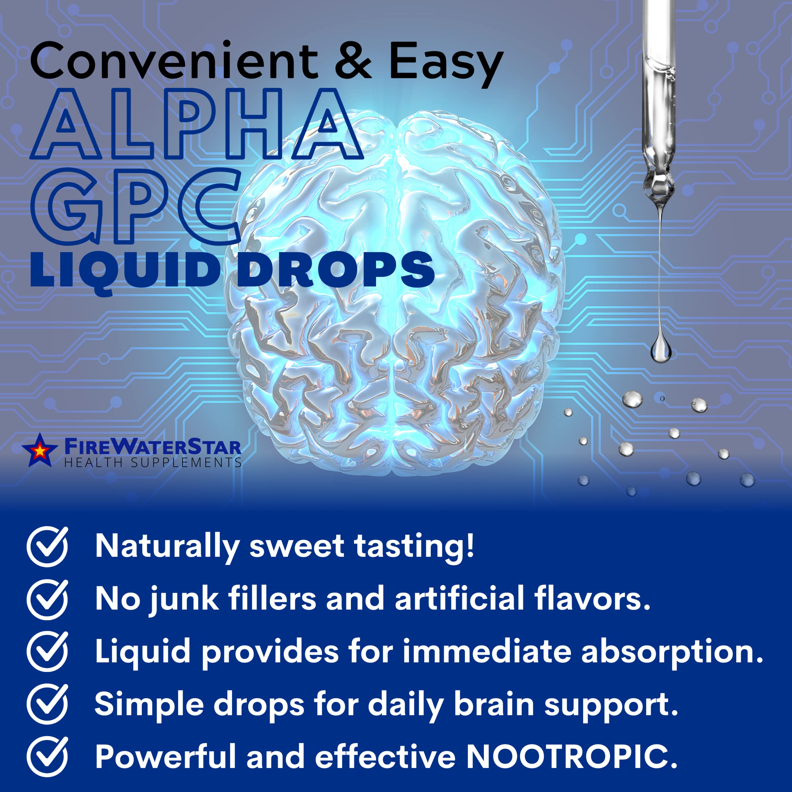 Glass dropper bottle of Alpha GPC liquid supplement