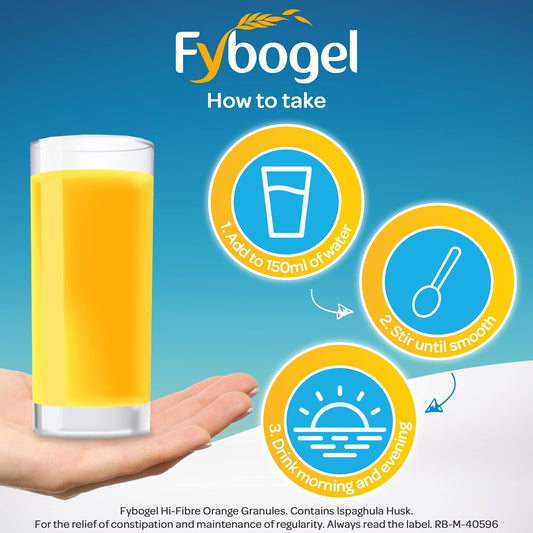 Front of Fybogel Hi Fibre Orange sachets packaging