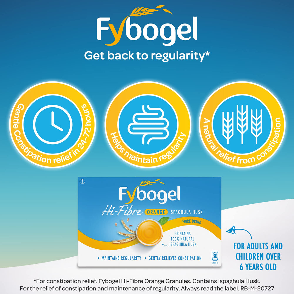 Fybogel Hi Fibre Orange sachets arranged with spoon
