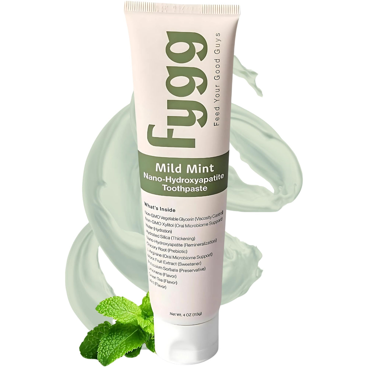 Fygg toothpaste front view in a 4oz tube with Mild Mint flavor