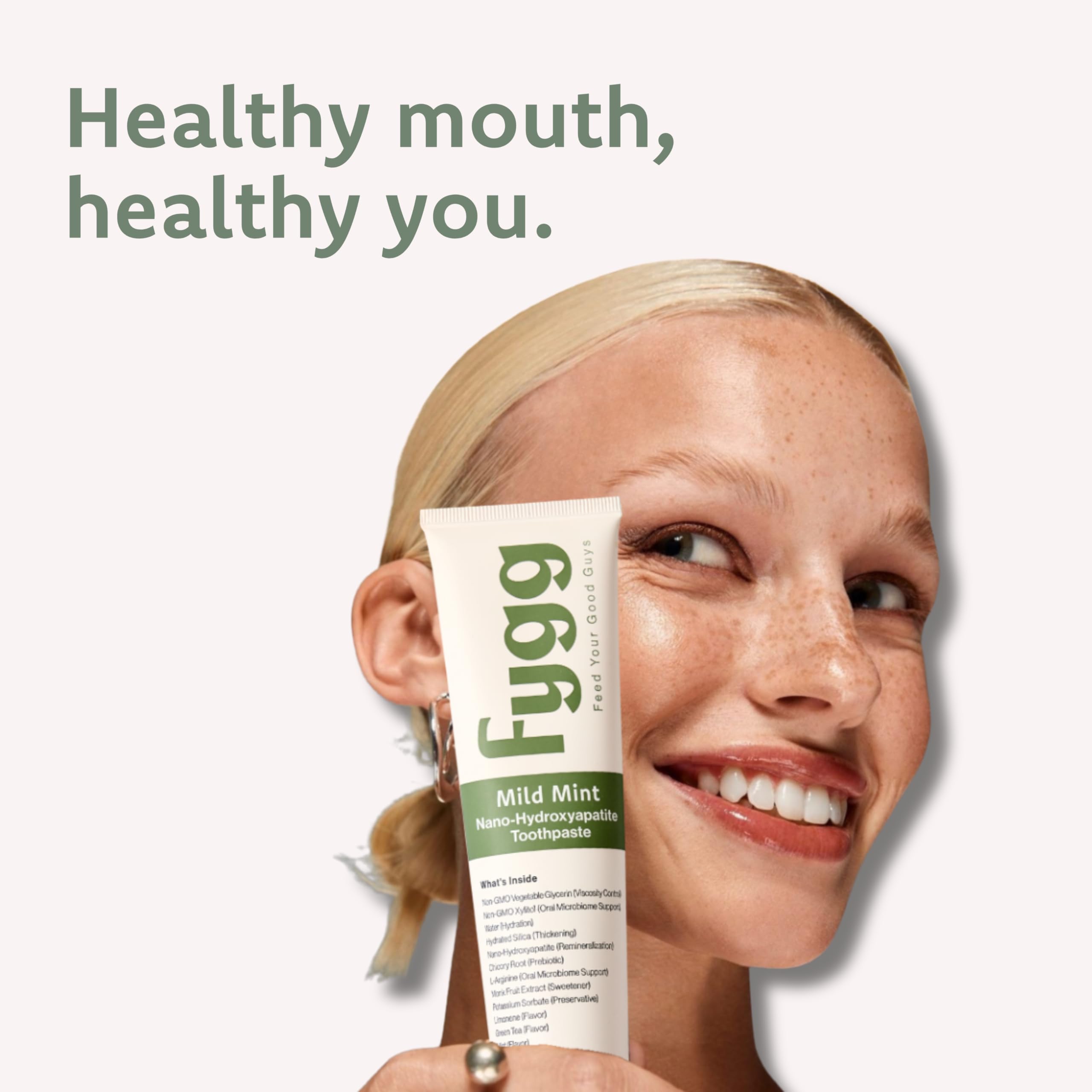 Ingredients list showing safe, clean composition without fluoride or SLS