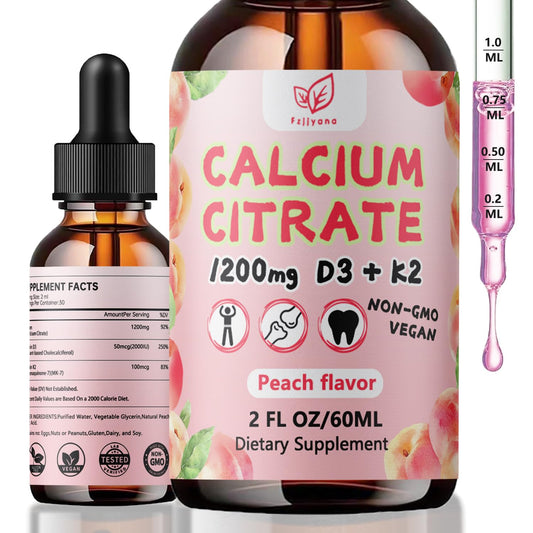 Front view of Fzjjyana Liquid Calcium Citrate Drops bottle with peach flavor