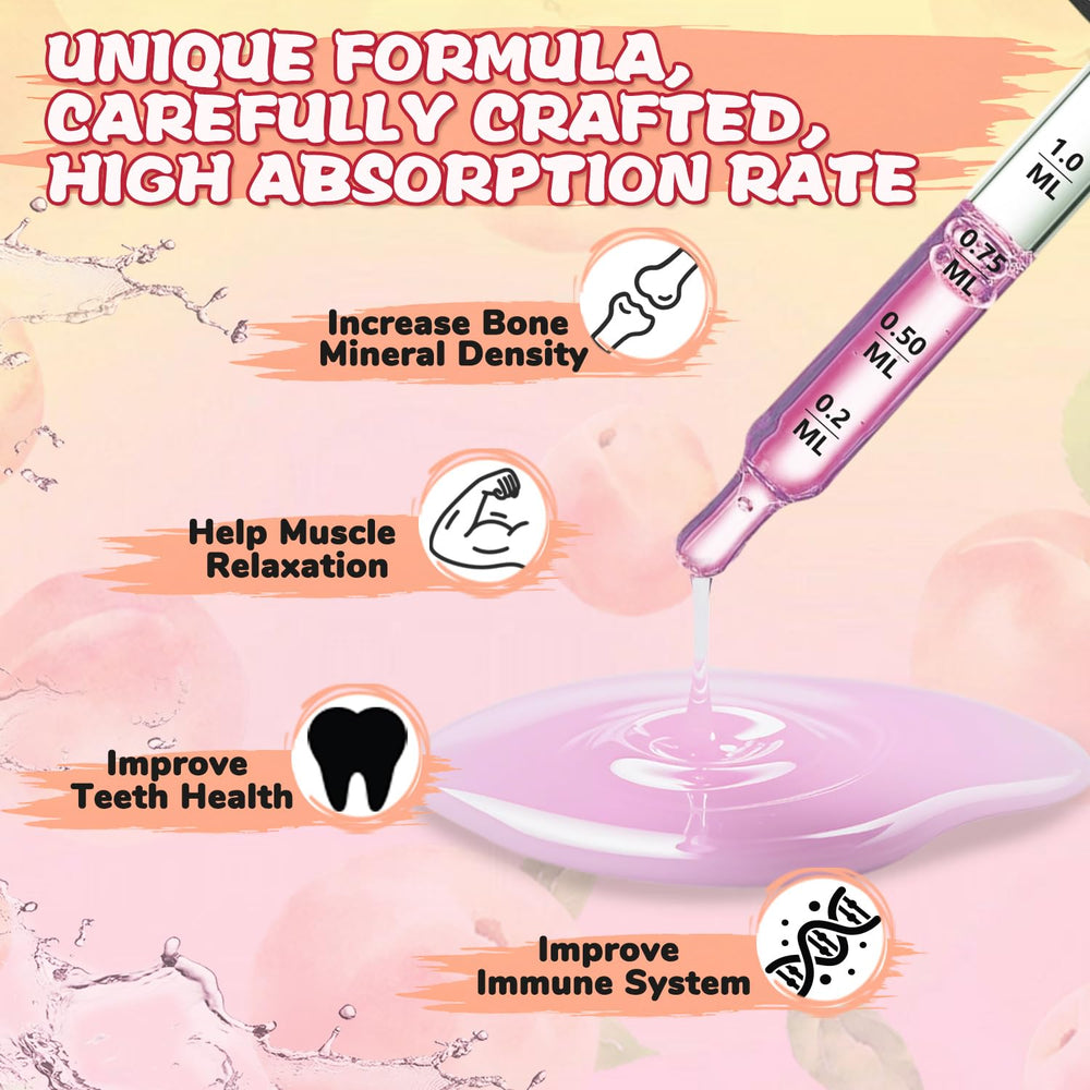 Peach flavored liquid calcium citrate drops pouring into water