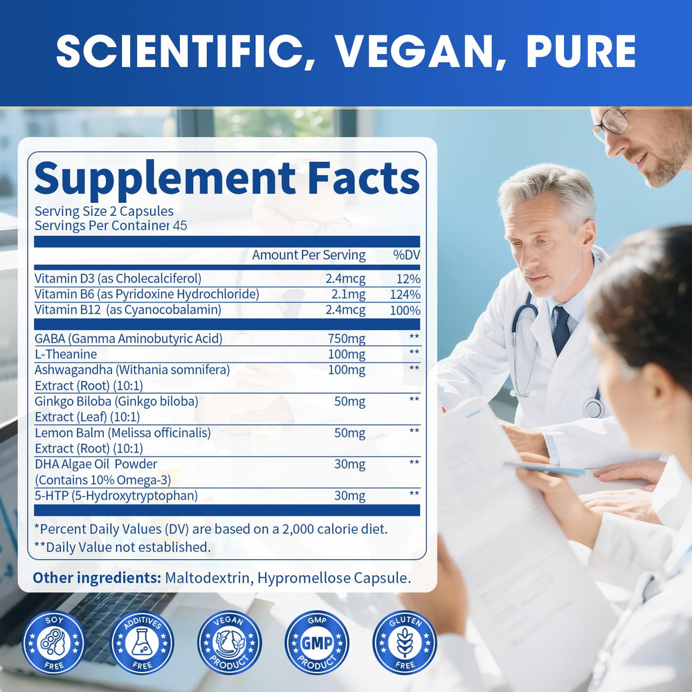 Back label detailing ingredients for GABA Calm 90-count