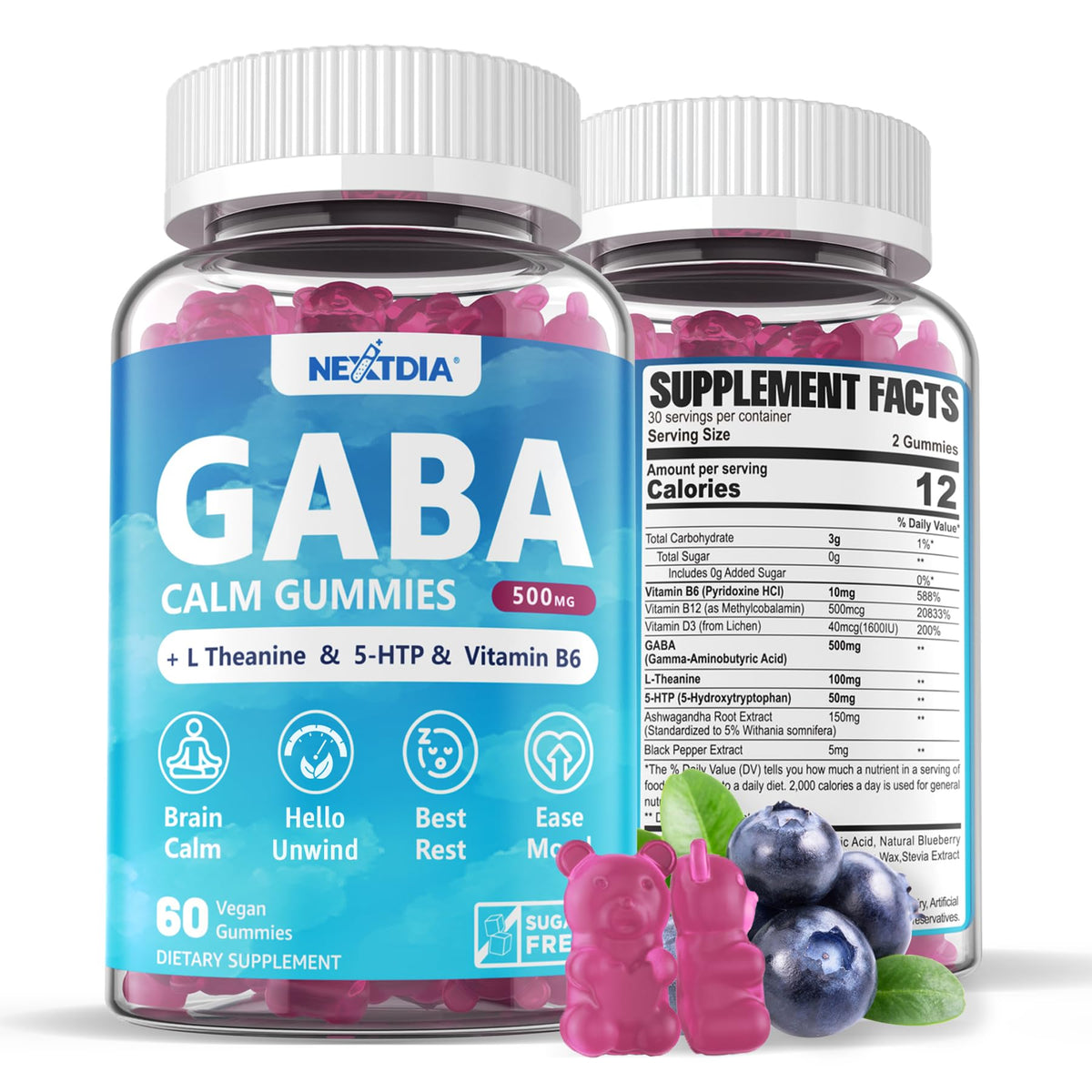 GABA Gummies 500 mg blueberry flavor bottle front label
