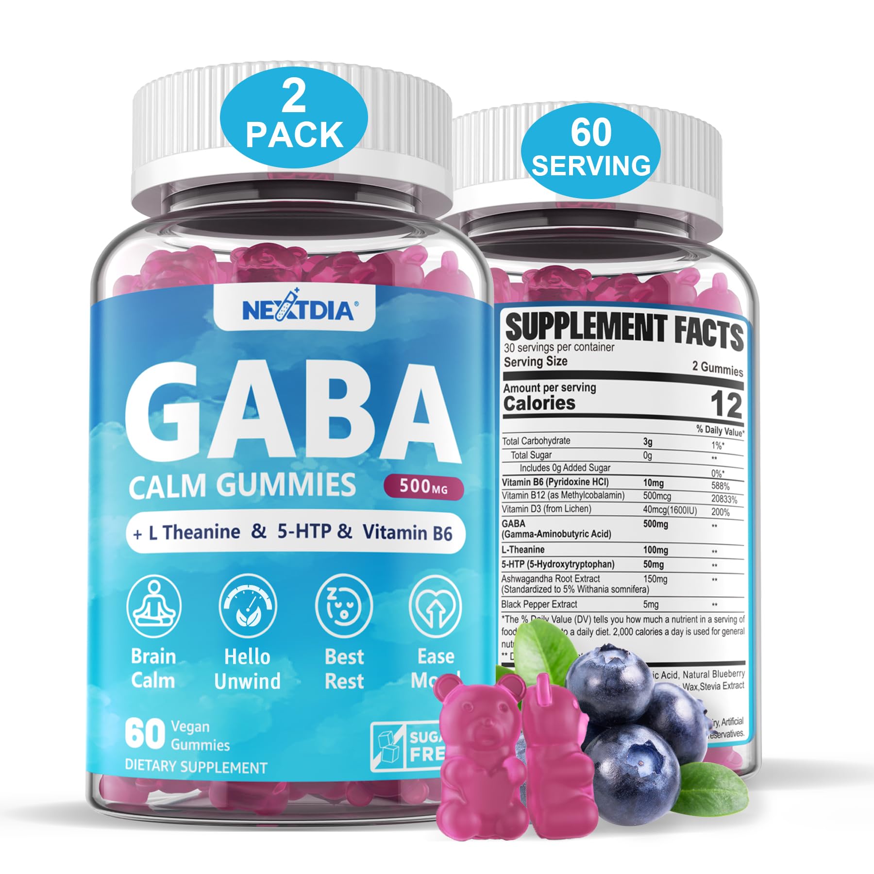 GABA Gummies 500 mg bottle with blueberry vegan flavor