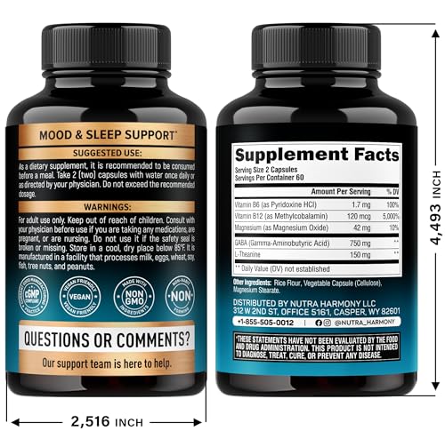 Close-up of GABA L-Theanine 900mg bottle and capsules