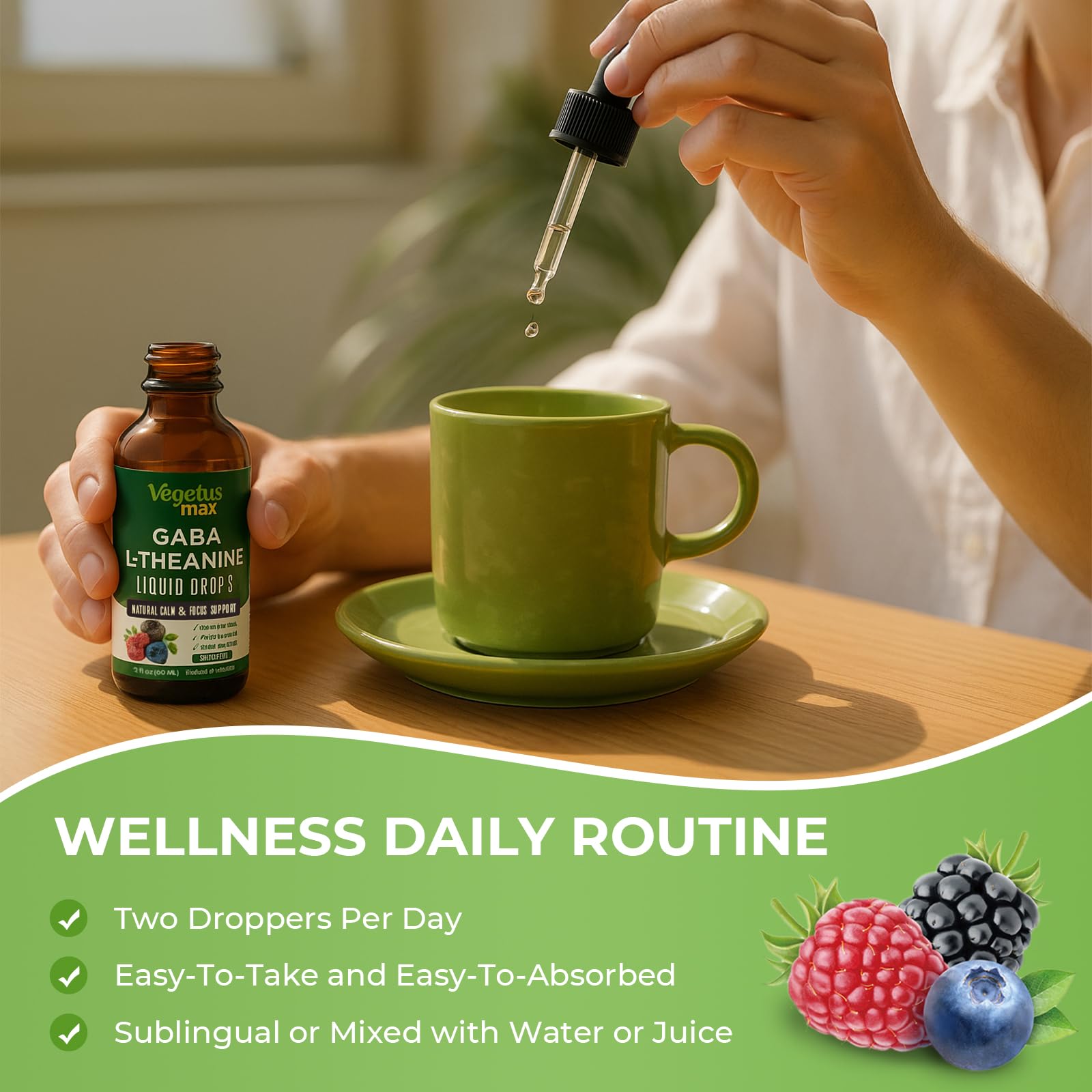 Label showing mixed berry flavor on GABA L-Theanine Drops bottle