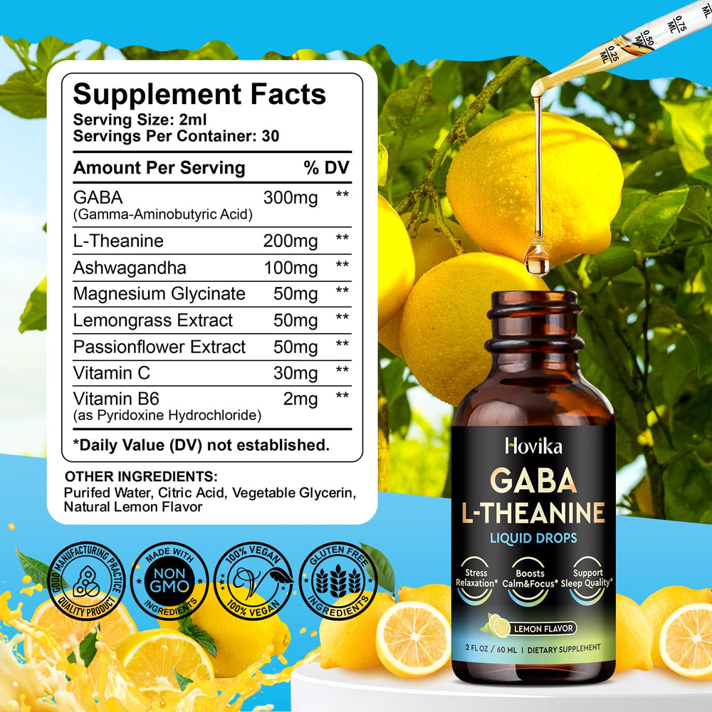 Nutrition facts for GABA L-Theanine Drops lemon flavor.
