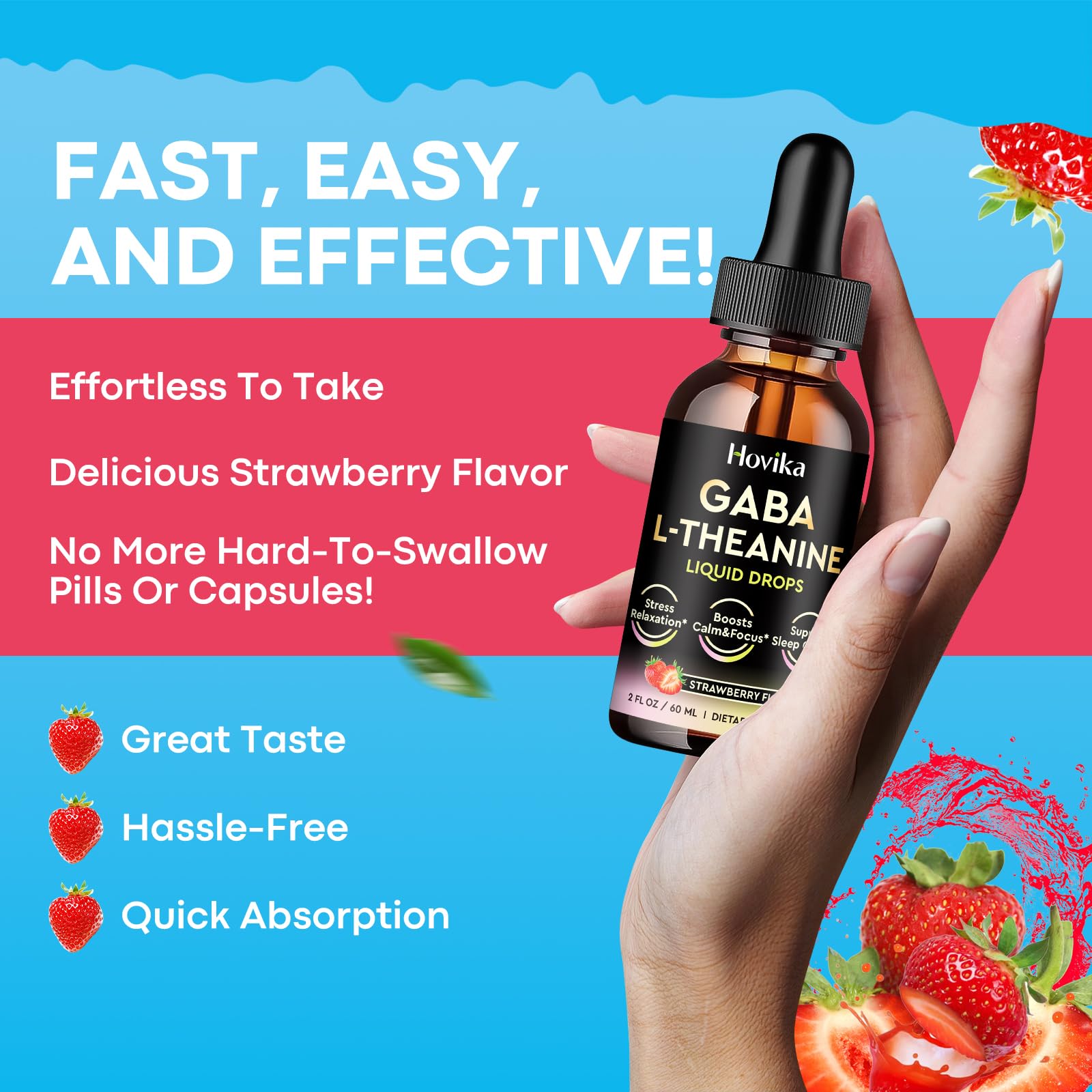 Dropper bottle with strawberry flavor label indicating sleep and focus benefits