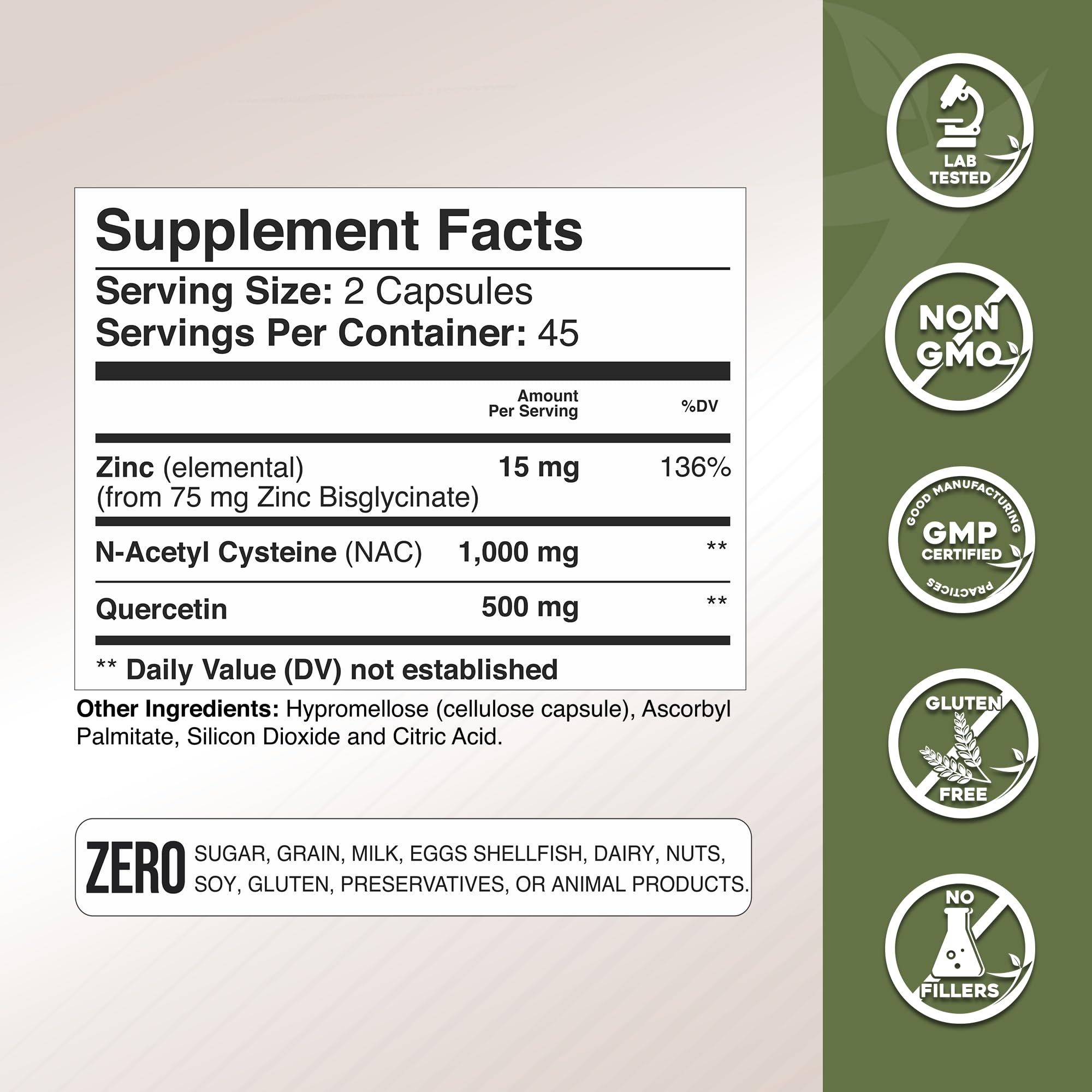 Close-up of NAC Quercetin Zinc capsules