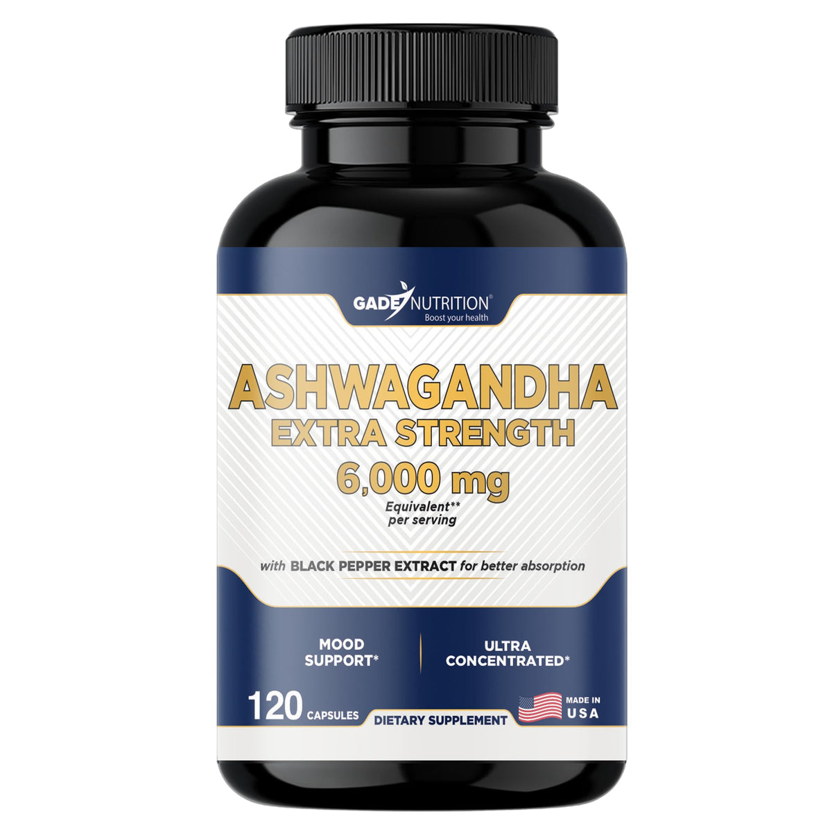 Gade Nutrition Ashwagandha bottle with 120 vegan capsules – USA Made