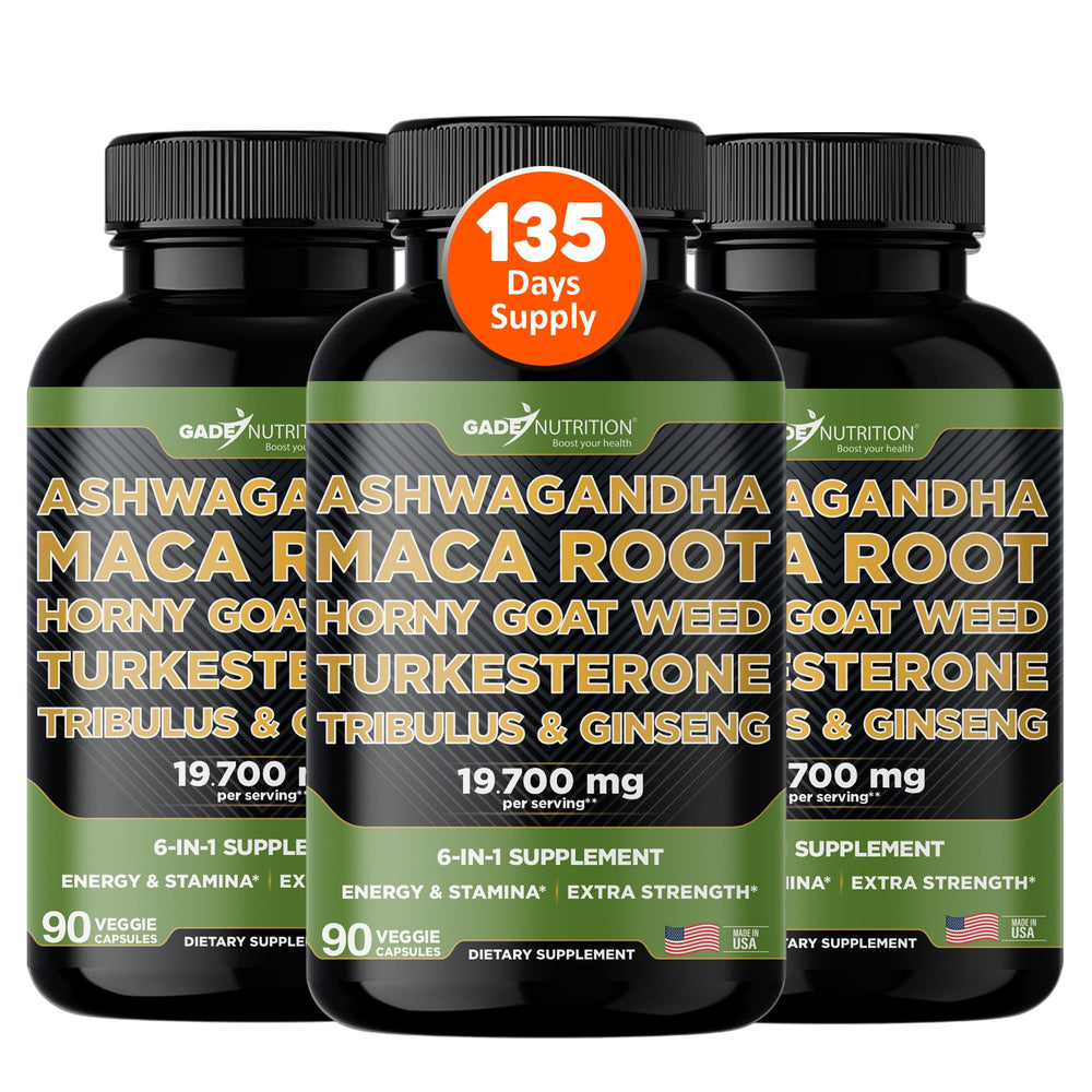 Gade Nutrition Ashwagandha 6-in-1 bottle supports daily balance and focus.