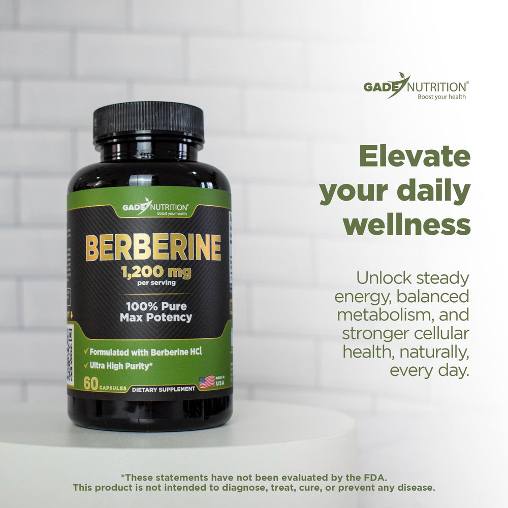 Lifestyle scene with Berberine bottle and healthy foods