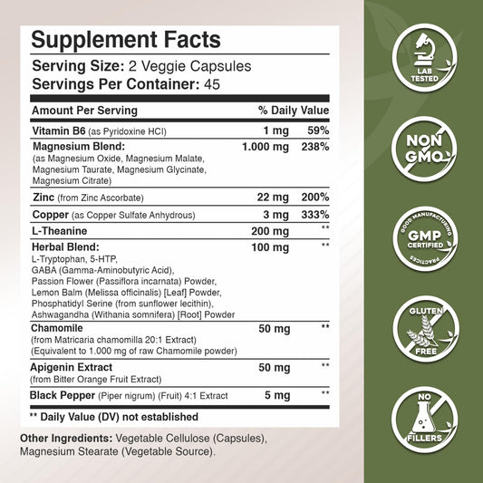 Close-up of L-Theanine, Apigenin, L-Tryptophan and 5-HTP ingredients
