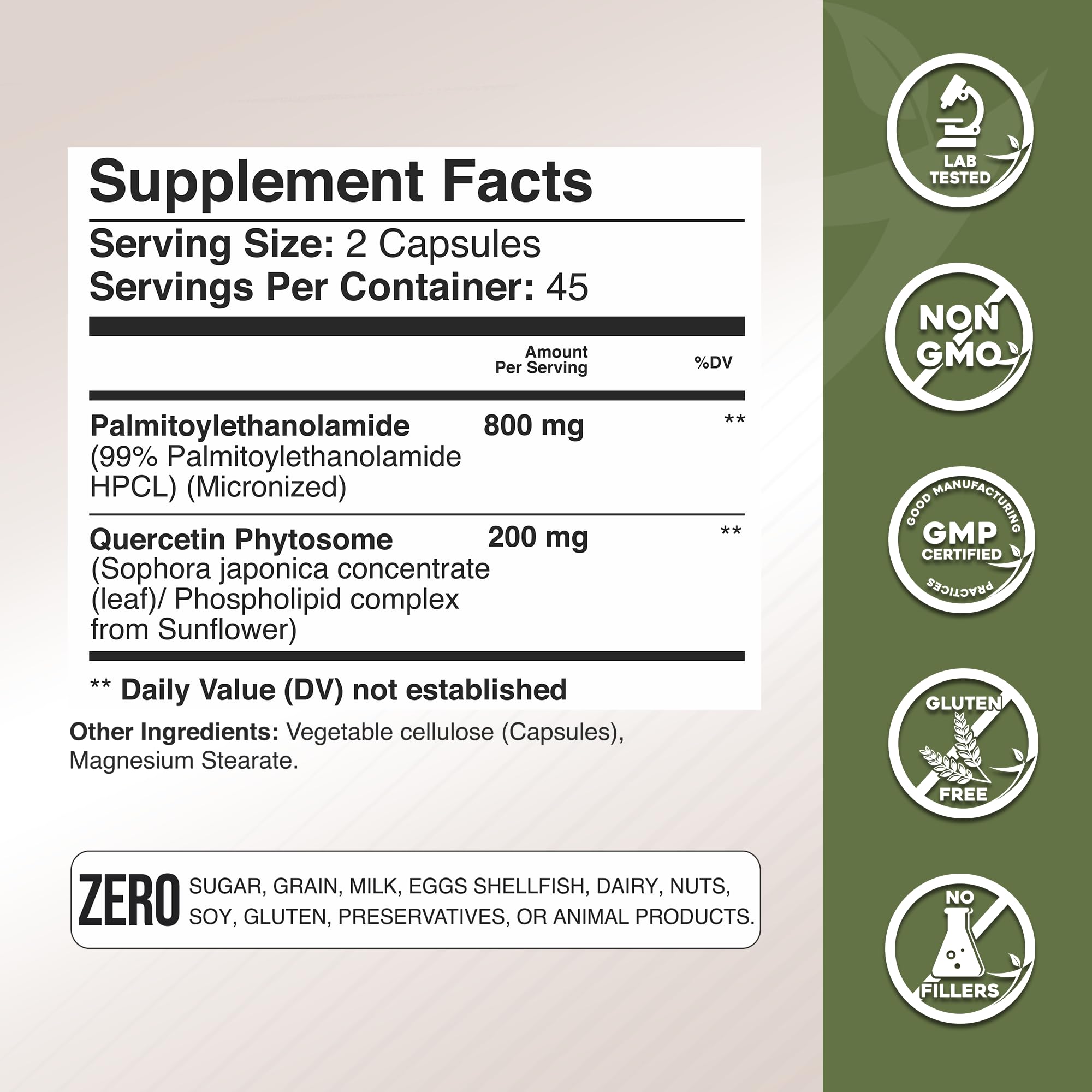 Label close-up showing 800 mg PEA and 200 mg Quercetin per capsule