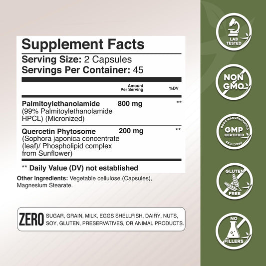 Label close-up showing 800 mg PEA and 200 mg Quercetin per capsule