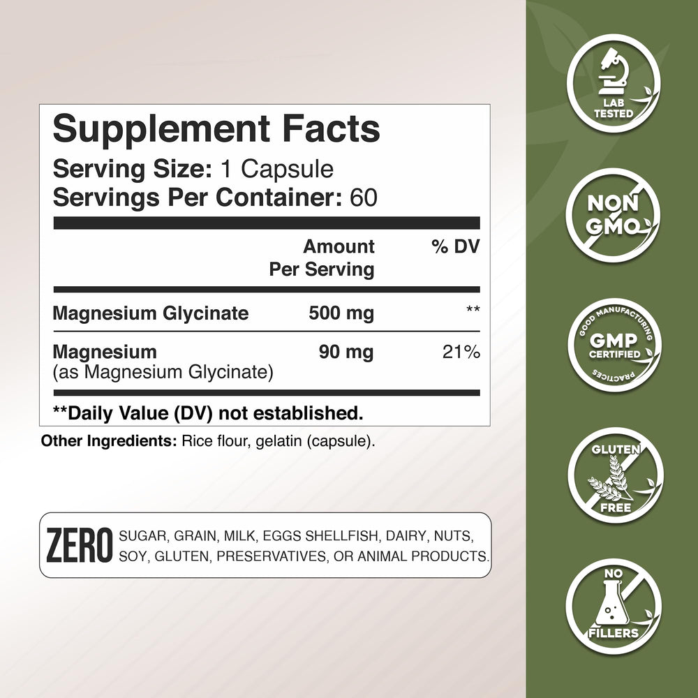 Close-up of Magnesium Glycinate 500mg supplement bottle label
