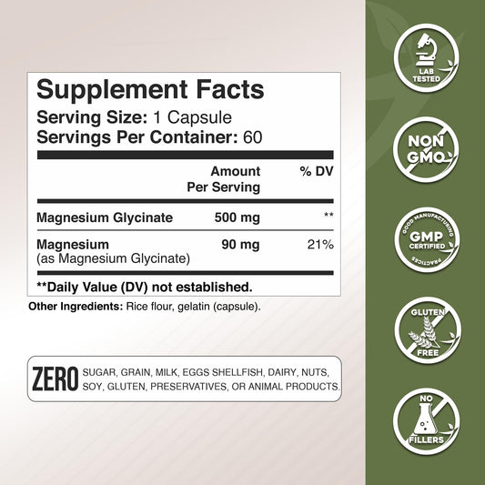 Close-up of Magnesium Glycinate 500mg supplement bottle label