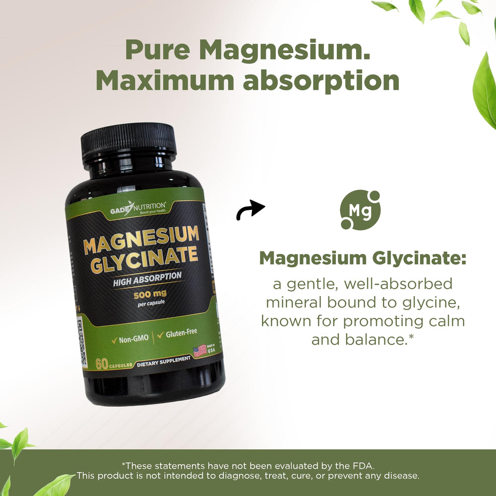 Chelated magnesium glycinate powder illustration showing high bioavailability