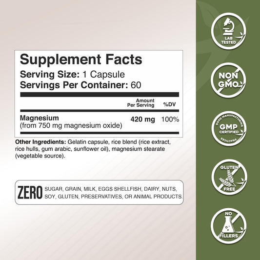 Back label of Gade Nutrition Magnesium Oxide 750 mg bottle showing supplement facts