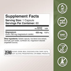 Back label of Gade Nutrition Magnesium Oxide 750 mg bottle showing supplement facts