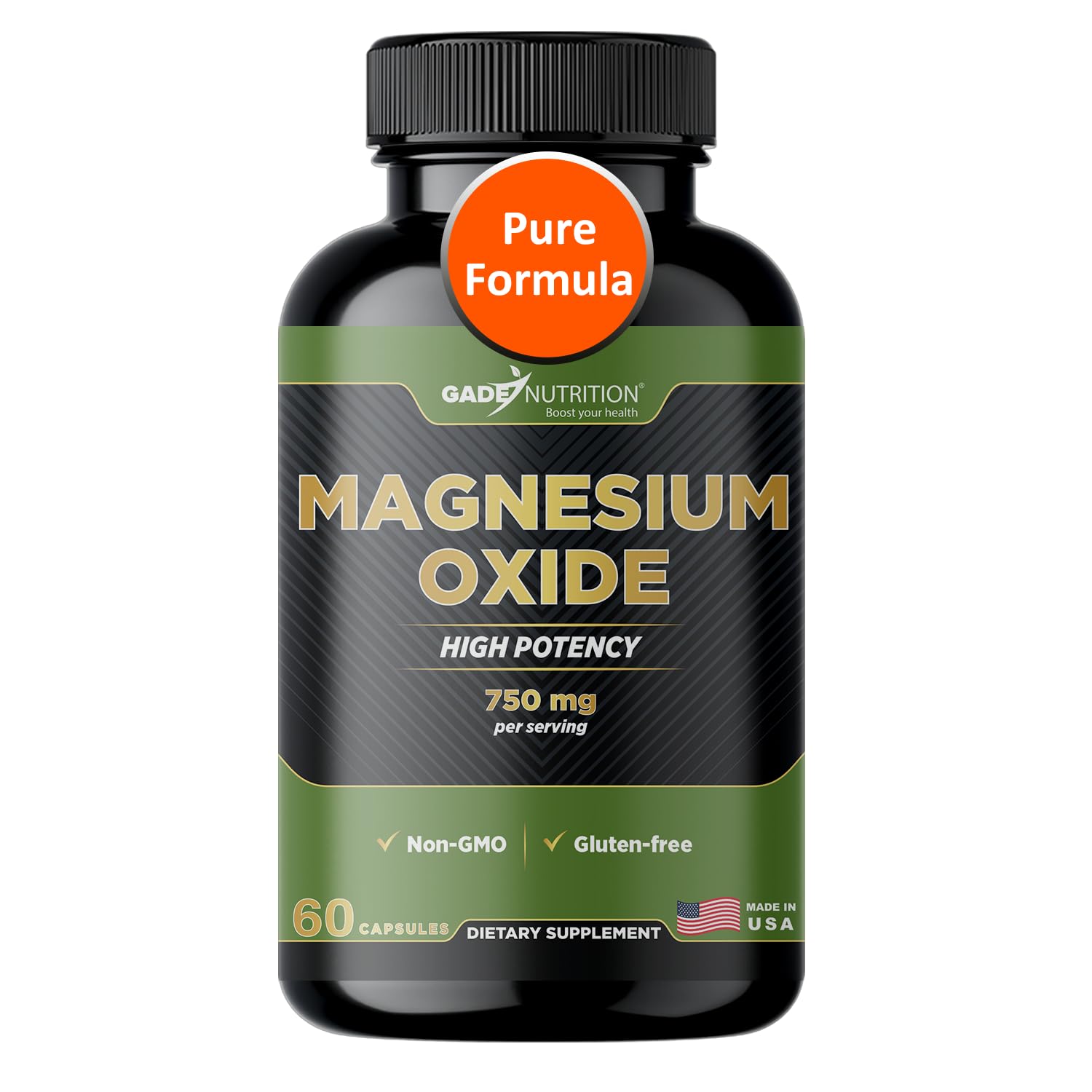 Front view of Gade Nutrition Pure Magnesium Oxide 750 mg capsules in bottle