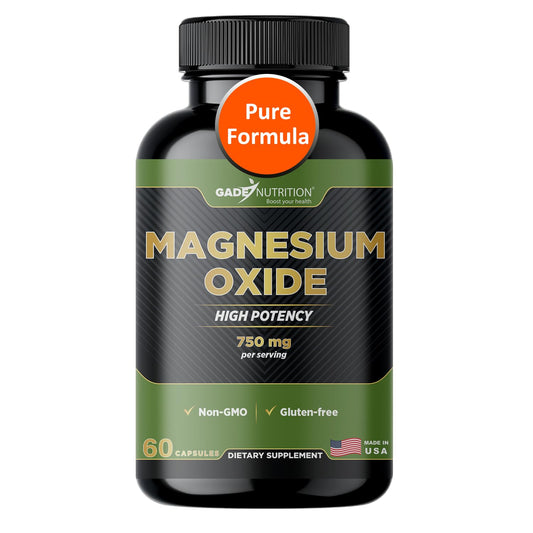 Front view of Gade Nutrition Pure Magnesium Oxide 750 mg capsules in bottle