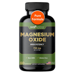 Front view of Gade Nutrition Pure Magnesium Oxide 750 mg capsules in bottle