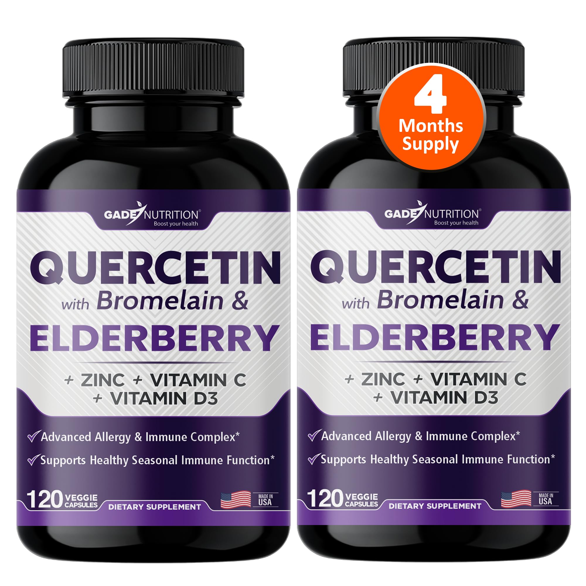 Gade Nutrition quercetin-bromelain-elderberry bottle supports daily immune wellness.