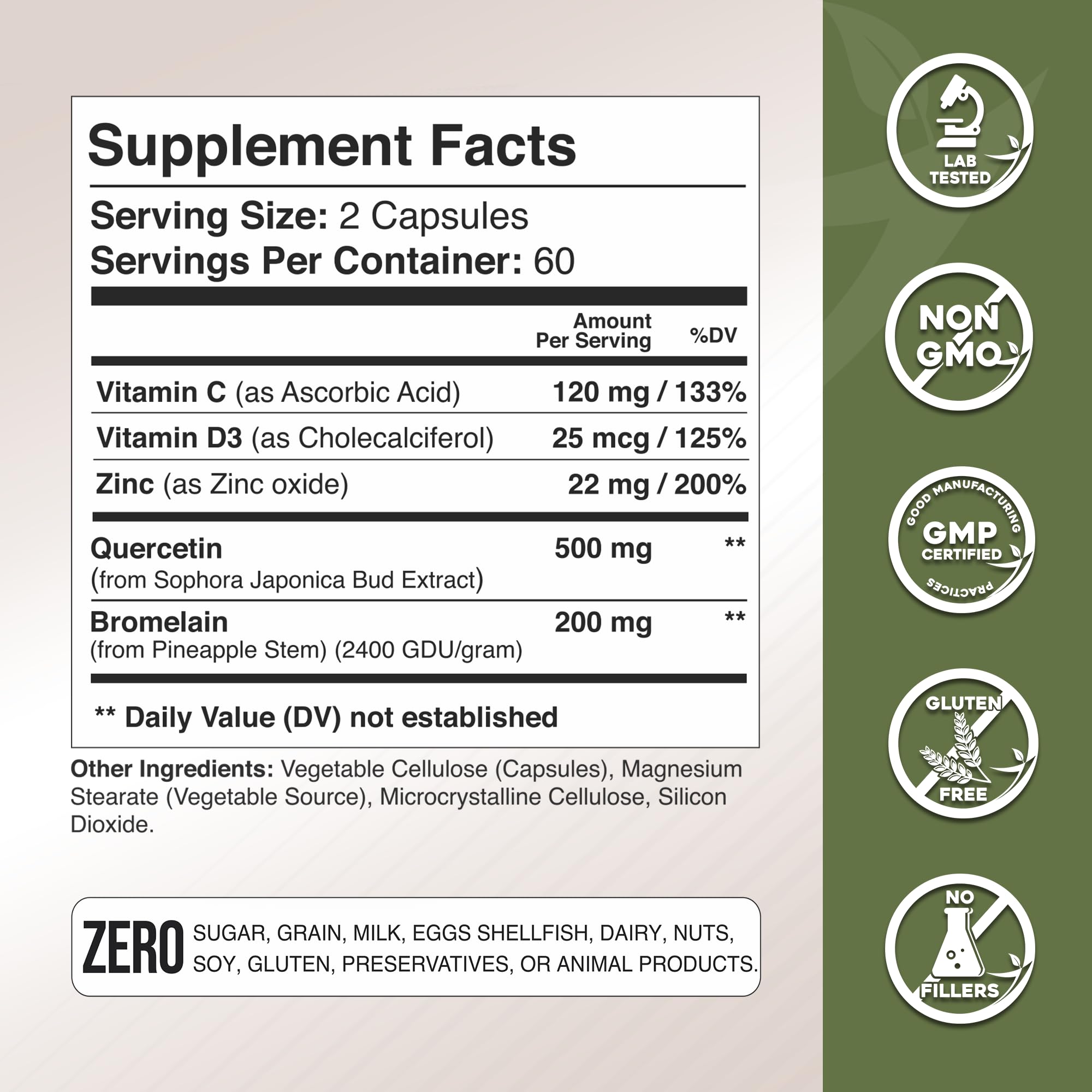 Close-up of quercetin-bromelain capsules and ingredients