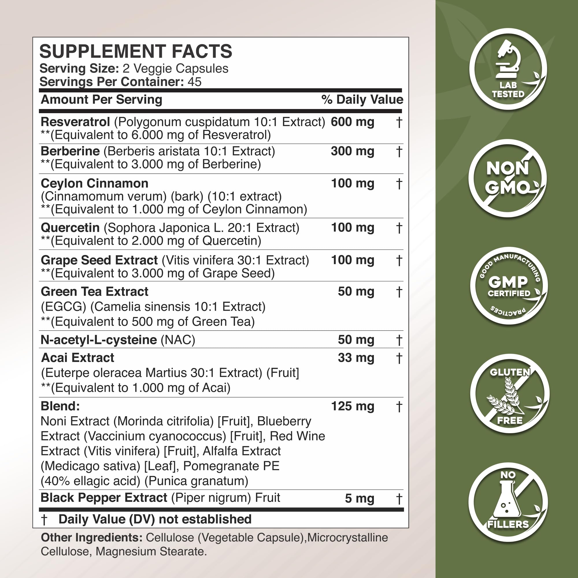 Resveratrol, Berberine, and Quercetin blend close up