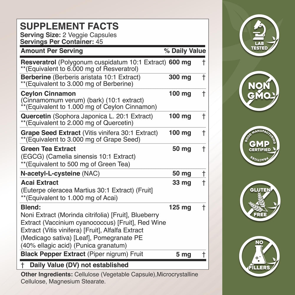 Resveratrol, Berberine, and Quercetin blend close up