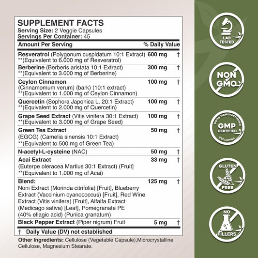 Resveratrol, Berberine, and Quercetin blend close up