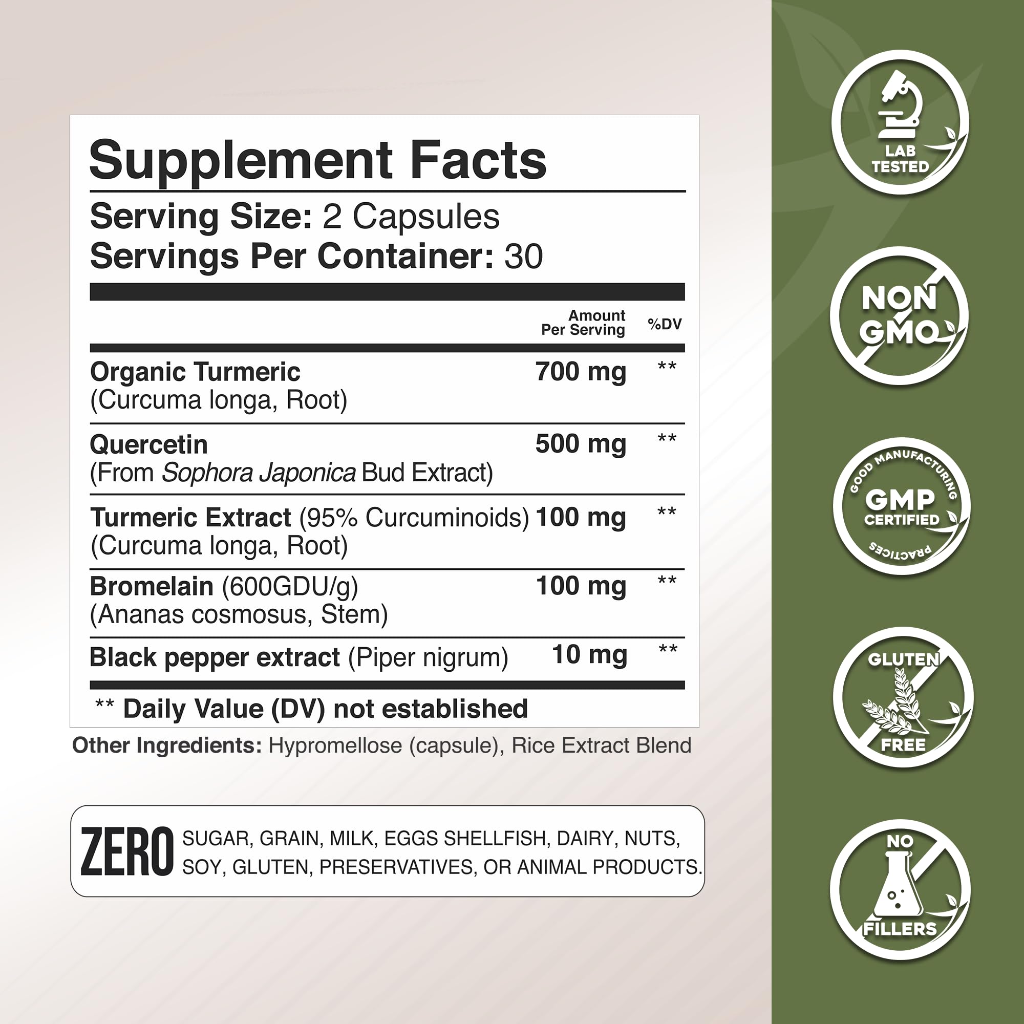 Capsules of Turmeric Quercetin Bromelain supplement